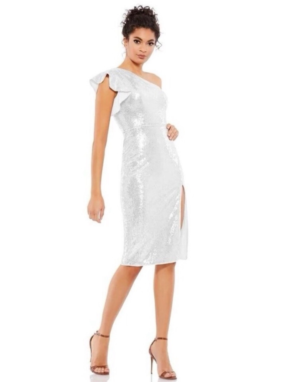 Ieena For Mac Duggal One-Shoulder White Sequin Midi Dress with Ruffle Sleeve
